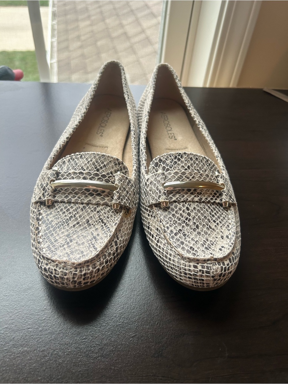Aerosoles Day Drive Loafers – Snakeskin Print with Gold Hardware, Women’s US 9